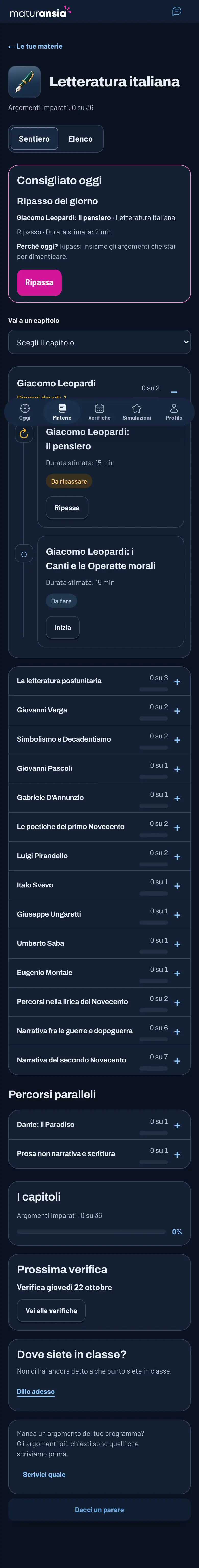 L’app Maturansia: Letteratura italiana, ripasso del giorno e percorso degli argomenti